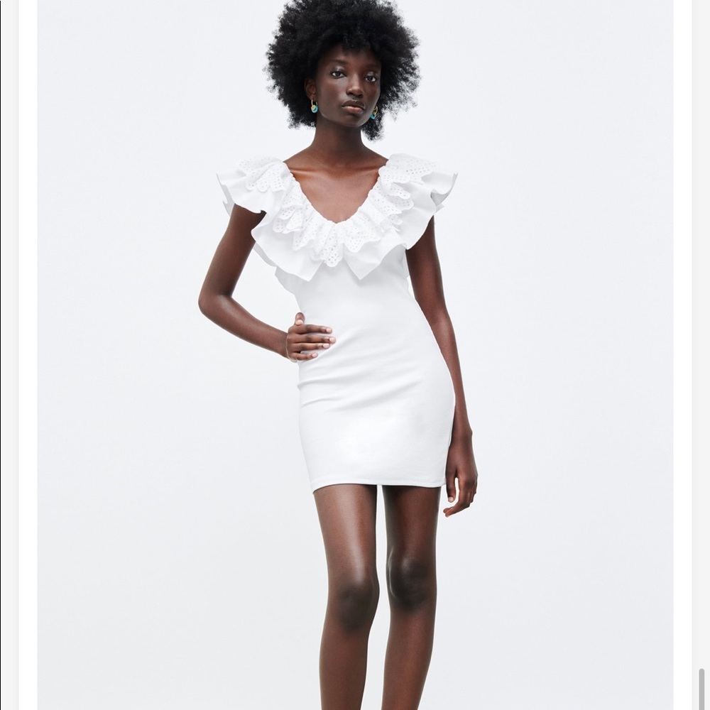 Zara White Ribbed Bodycon Ruffle Sleeve Mini Dress - NEW - S 3253806250 - Picture 2 of 8